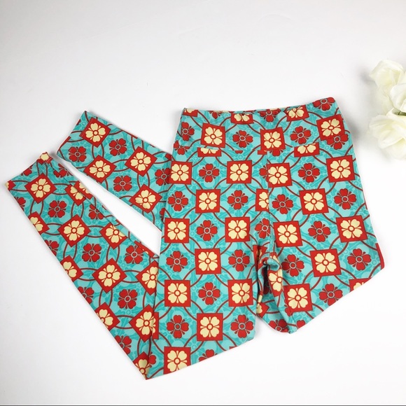 LuLaRoe Tween Blue Orange Yellow Print Leggings - Picture 1 of 9